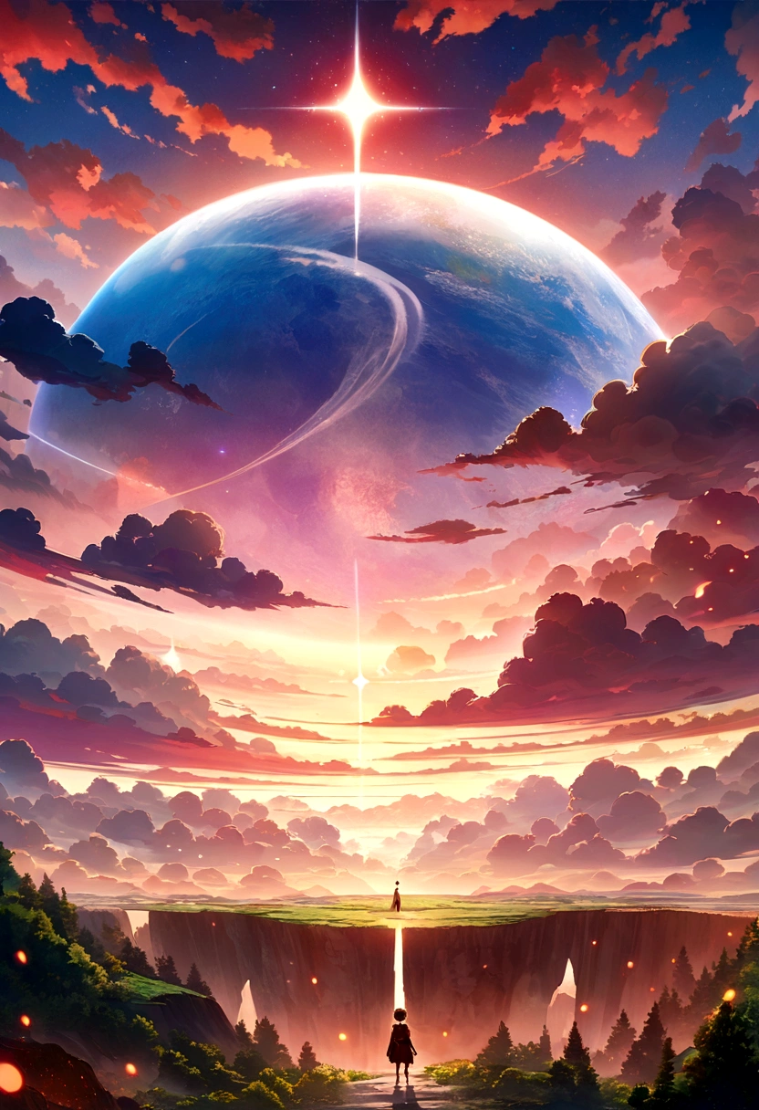 anime - style scene of a beautiful sky are red with heavenly cloud . Sky are scattered. with a star and a planet, cosmic skies are reddish crimson theme and world seems big . With boy sitting in a high cliffs in daylight and he seems not big.boy sitting in a High cliffs and clouds look enormous in procespetive of boy .Nature by makoto shinkai, anime art wallpaper 4k, anime art wallpaper 4 k, anime art wallpaper 8 k, anime wallpaper 4k, anime wallpaper 4 k, 4k anime wallpaper, anime sky, amazing wallpaper, anime background, heaven planet in background, anime background art. a path going to infinity.earth seems so deep and detailed.so much clouds and greenery.