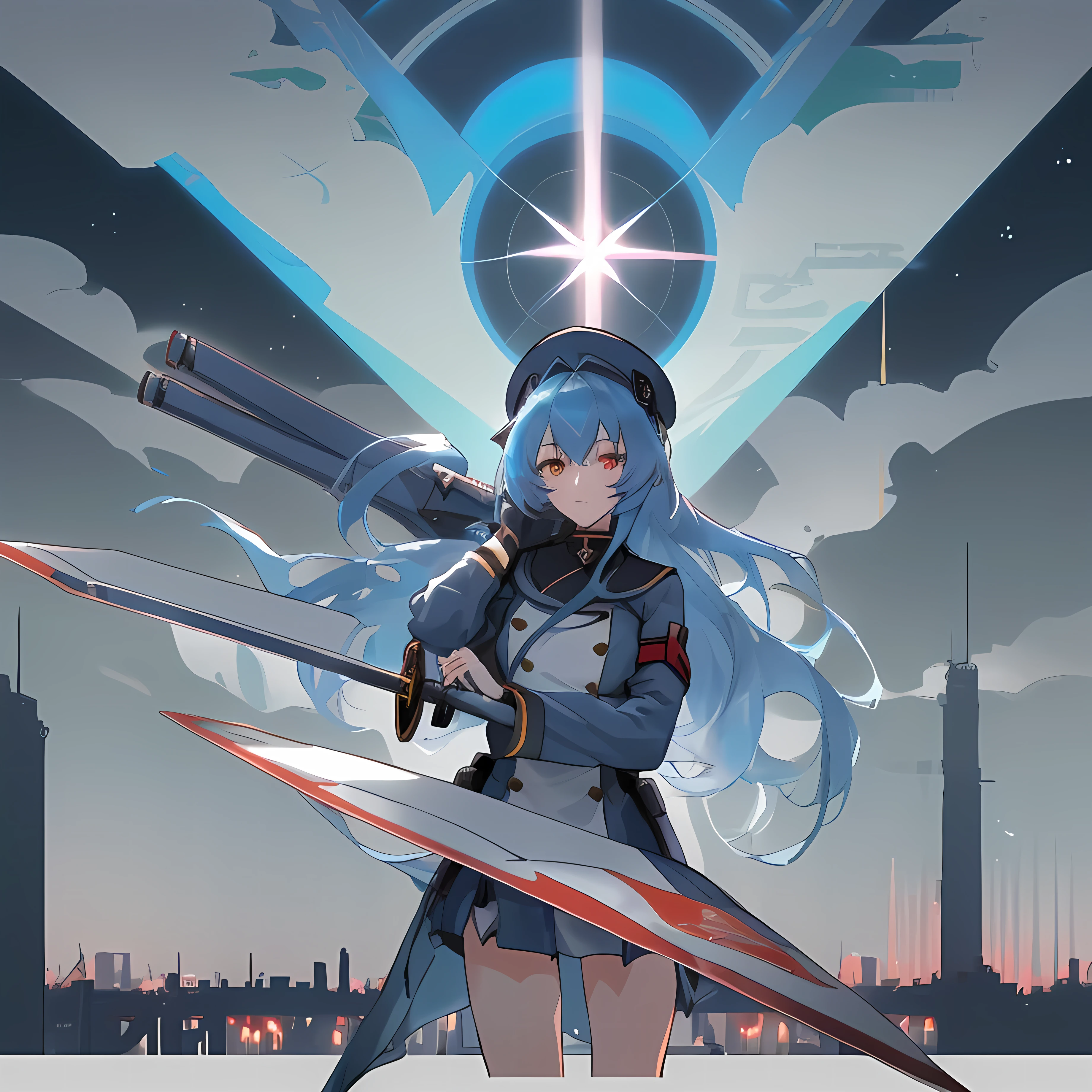 Close-up of a person holding a sword near a building, Casciato krenz key art feminine, Casciato kenz, Kantai Collection Style, From the Azur Lane video game, Casciato, Azur Lane Style, Official Artwork, Katana Zero video game characters, From Arknights, ayanami, Official Art, Kantai Collection, Casciato krenz Faded blue hair　{Blue Noah from Space Battleship Yamato} girl　military cap(white) White and black military uniforms　Endless city background　sunny　cool　tall　Warrior　Body left、顔はFacing forward　Carrying the equipment　He holds a long sword in his left hand　Near future　B Cup　There are two shooting stars　night　night scene　Beautiful city　An elevated bridge runs through the middle。　Close up on girl　Highest quality　Ultra-precision　The right eye is red、Left eye is blue　The left eye is glowing blue-white　With airplane wings on his back。　Personification of flying machine　{Boeing 747} Anime Style　Highly precise CG　Skinny　Facing forward　Touching left hand with right hand　Faded blue hair　Faded blue hair　Faded blue hair