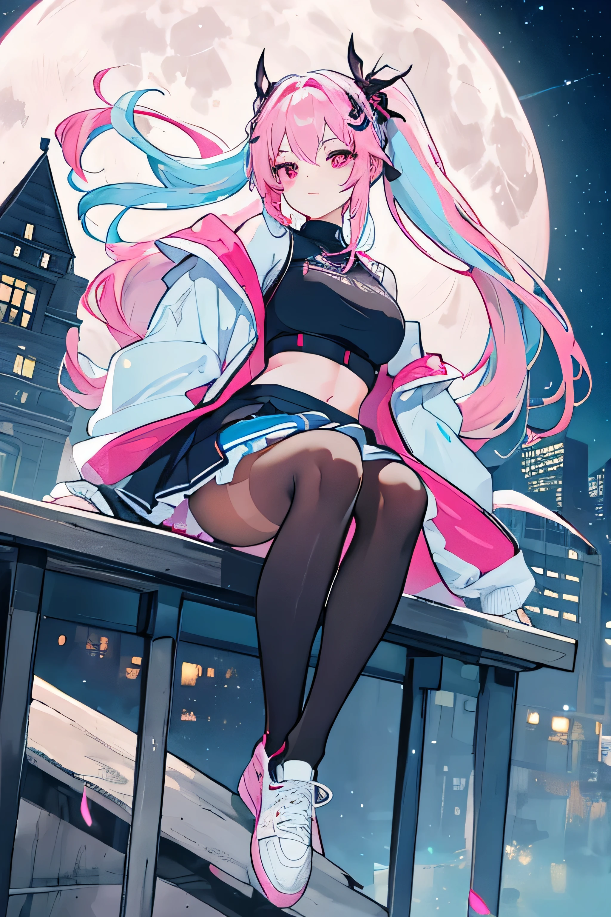 full body, masterpiece, 8k, ultra HD, sharp focus, details hair, beautiful hair, details face, beautiful detail eye, details pupil, perfect hand, vibrant colours, soft lighting.
1girl, long hair, hair accessory, twin ponytail, (light blue-pink hair), dark red eyes, large breast, crop black shirt, open transparent jacket, short skirt, no panties, clear pantyhose, black-white sneakers, sit on top of building .
night scenery, city, top of building, full moon, Star fall.