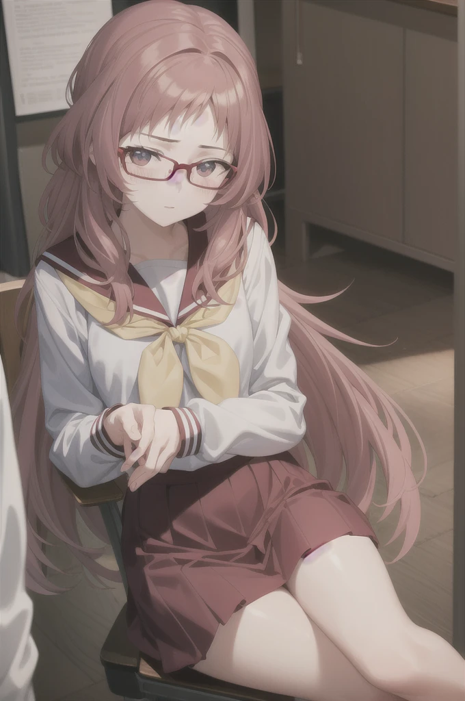 1girl, (masterpiece:1.3), (high resolution), (8K), (extremely detailed), (4k), (pixiv), perfect face, nice eyes and face, (best quality), (super detailed), detailed face and eyes, (solo), textured skin, absurdres, highres, miewz, glasses, long hair, serafuku, sailor collar,yellow neckerchief, white shirt, purple eyes, , red skirt, red hair, long sleeves, sitting, looking at viewer, indoors, classroom, chair
