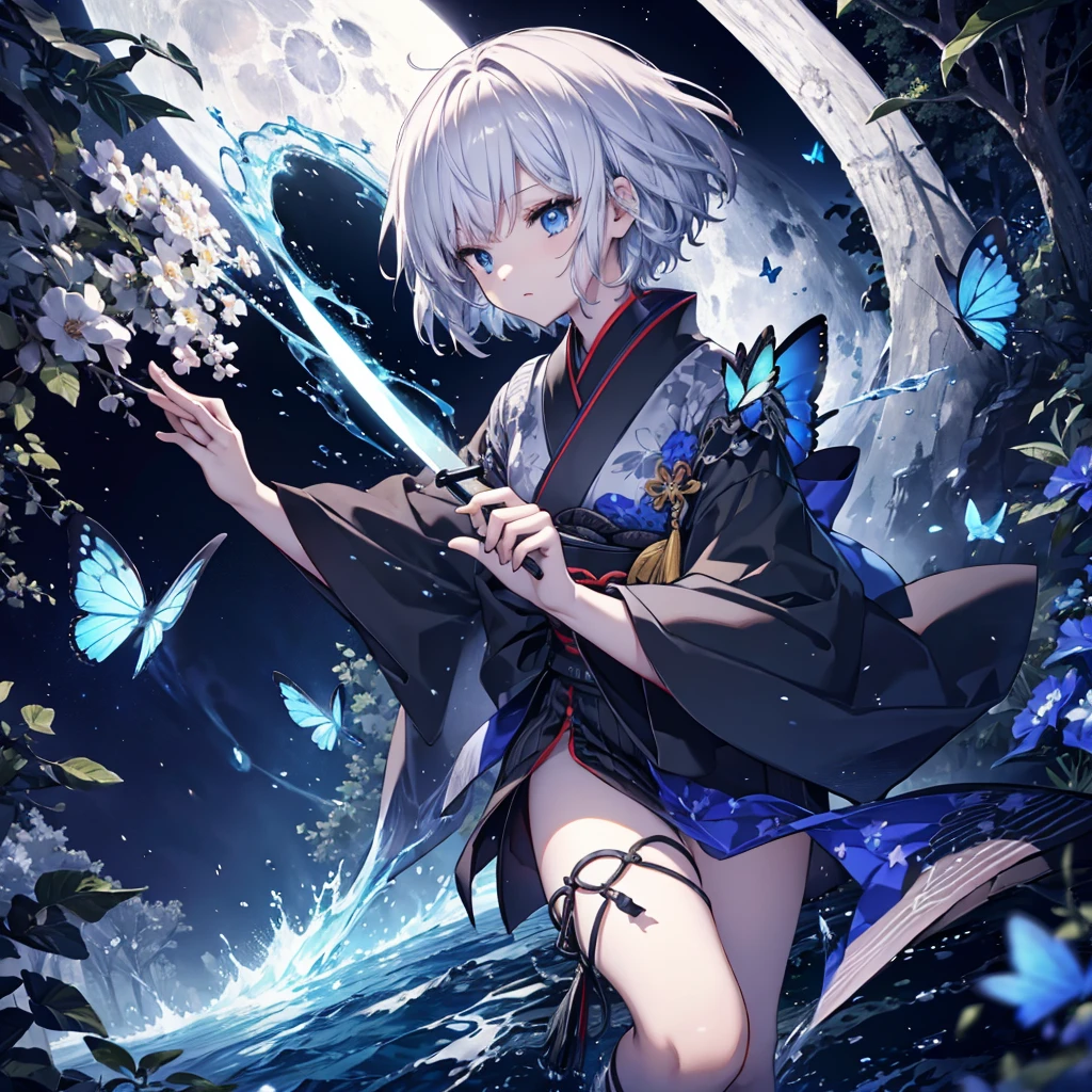 (((1 person)))　((High resolution　Gray Hair　short hair　Black kimono　Shoulder))　((Black Band　military commander　Lonely　despair　blue eyes))　((Blue Butterfly　night　Japanese style　old　Shining Aura　garden　water surface))　(dance　日本knife　knife　Slashing)　moon　star　Draw your sword　Slashing　Catch the wind　
