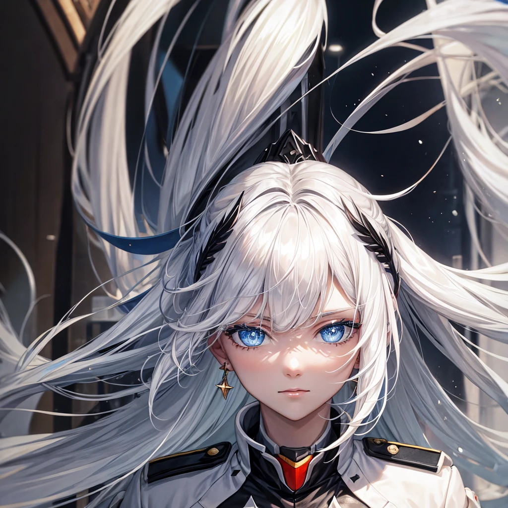 White hair, blue eyes, beautiful female, black military uniform