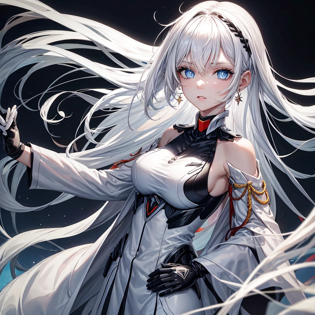 White hair, blue eyes, beautiful female, black military uniform
