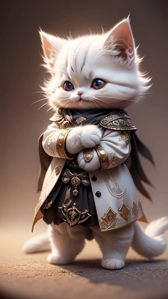 masterpiece、highest quality、super detailed、(Chibi Chara White Cat:1.2),realistic cat,Detail coat,wizard ,Royal Hall,laughter,full body standing,