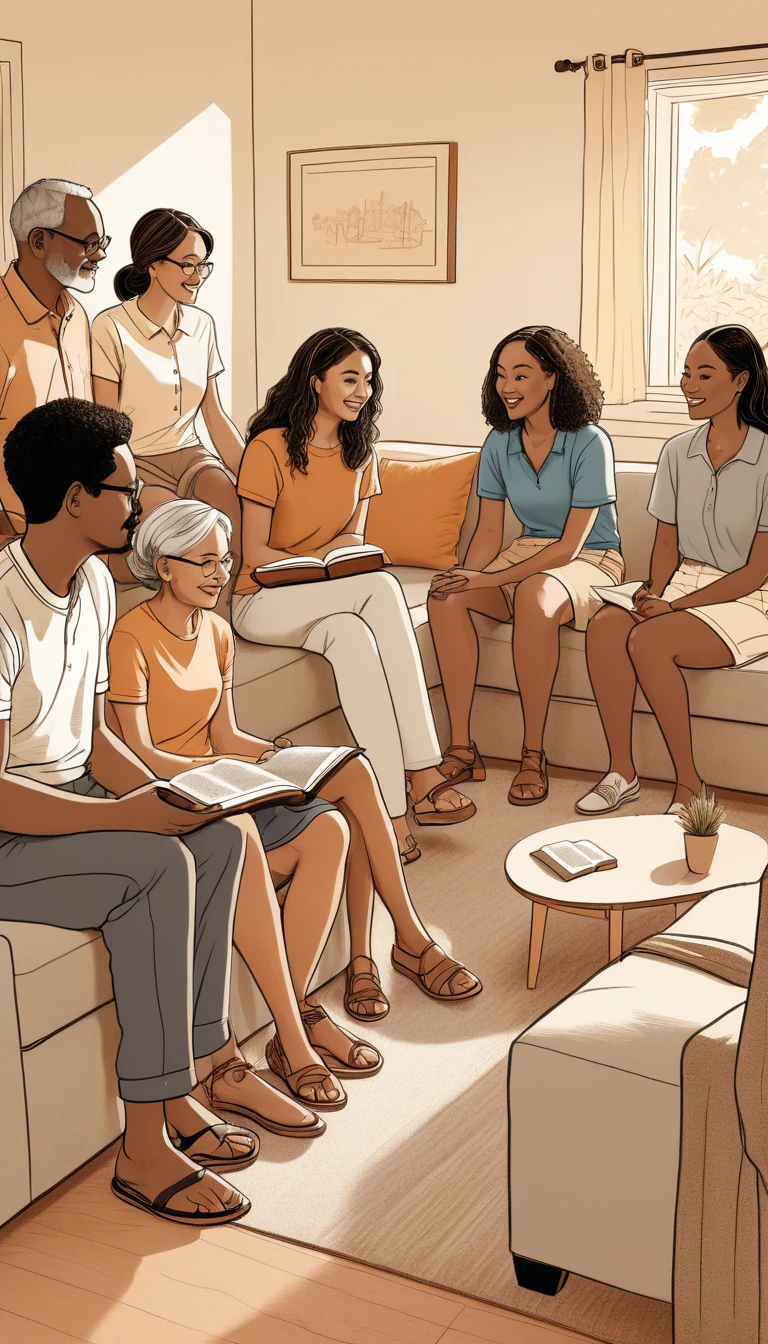Simple line drawing of a diverse group of people of various ethnicities and ages, dressed casually in shorts, skirts, and pants, in a domestic setting, involved in a Bible study meeting, with subtle line details for added depth, warm color temperature, relaxed expressions, soft lighting, inviting atmosphere, showcasing an artisanal and authentic effect, soft shading, cozy atmosphere