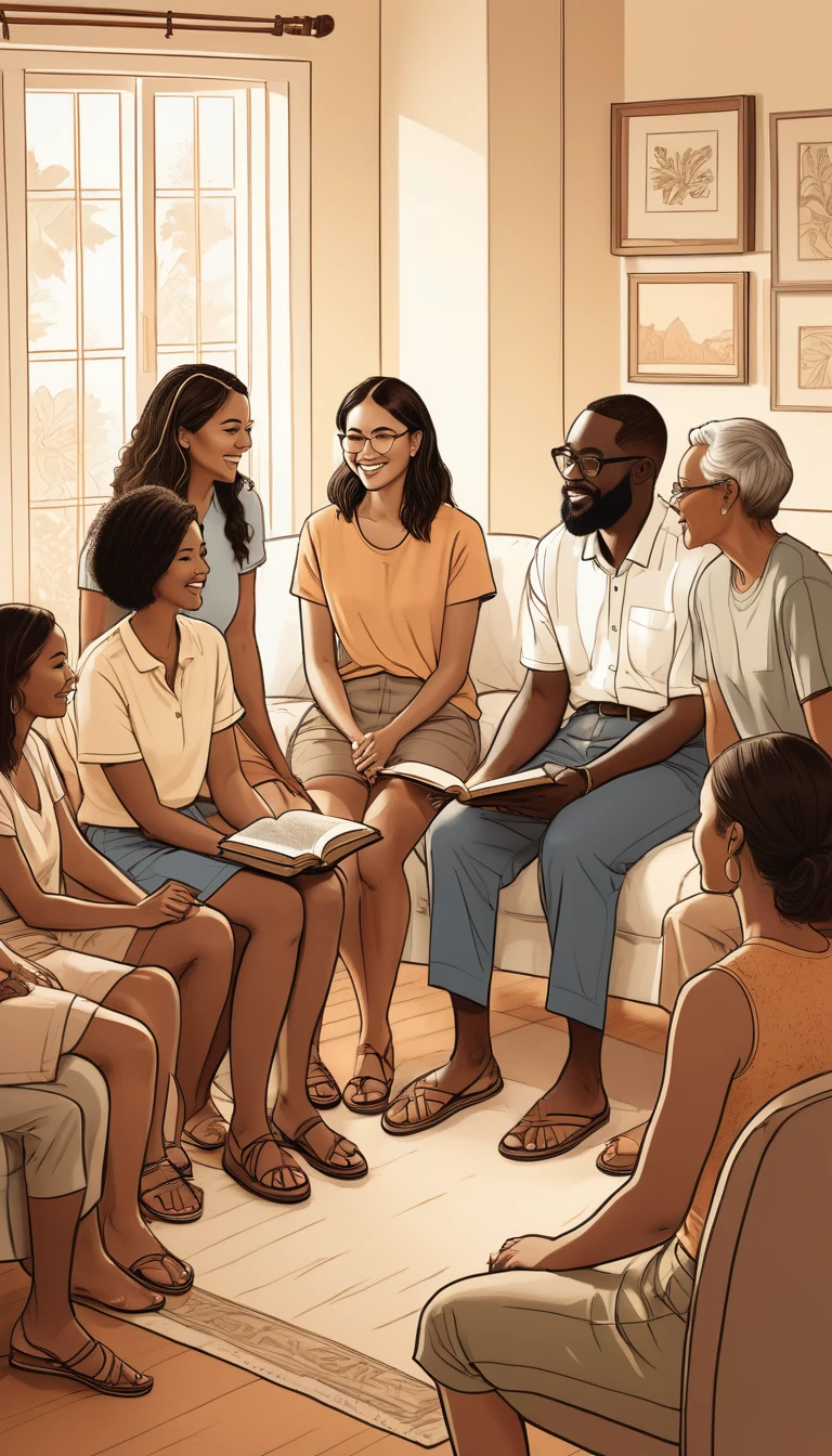 Simple line drawing of a diverse group of people of various ethnicities and ages, dressed casually in shorts, skirts, and pants, in a domestic setting, involved in a Bible study meeting, with subtle line details for added depth, warm color temperature, relaxed expressions, soft lighting, inviting atmosphere, showcasing an artisanal and authentic effect, soft shading, cozy atmosphere