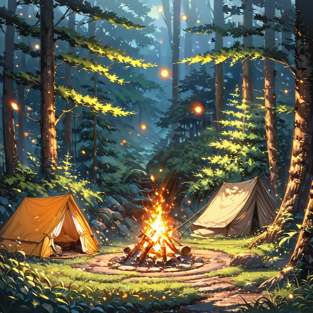 ((anime:1.4,illustration)),(masterpiece, top quality, best quality),(ultra-detailed, absolutely resolution),((16k, high res)), ((cozy tent in a forest clearing surrounded by tall trees with lush foliage, a campfire outside, soft lighting with dappled sunlight filtering))), ((cozy lofi illustration:1.4)), ((anime:1.4, illustration)),(masterpiece, top quality, best quality),(ultra-detailed, absolutely resolution),((16k, high res)) BREAK {lofi art, style of Laurie Greasley, style of Makoto Shinkai, anime aesthetic}, BREAK { (produces images with information than 40 million pixels with cinematic-like detailed textures shot on a Sony SLR).}