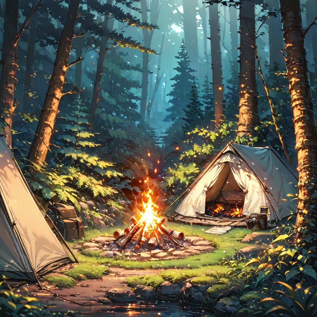 ((anime:1.4,illustration)),(masterpiece, top quality, best quality),(ultra-detailed, absolutely resolution),((16k, high res)), ((cozy tent in a forest clearing surrounded by tall trees with lush foliage, a campfire outside, soft lighting with dappled sunlight filtering))), ((cozy lofi illustration:1.4)), ((anime:1.4, illustration)),(masterpiece, top quality, best quality),(ultra-detailed, absolutely resolution),((16k, high res)) BREAK {lofi art, style of Laurie Greasley, style of Makoto Shinkai, anime aesthetic}, BREAK { (produces images with information than 40 million pixels with cinematic-like detailed textures shot on a Sony SLR).}