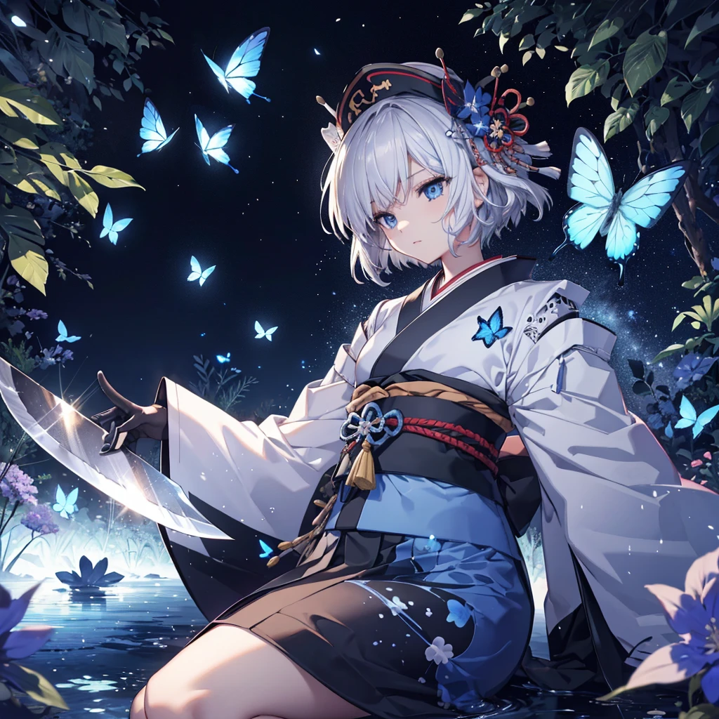 (((1 person))) ((High resolution Gray Hair short hair Black kimono Shoulder)) ((Black Band military commander Lonely despair blue eyes)) ((Blue Butterfly night Japanese style old Shining Aura garden water surface)) (dance 日本knife knife Slashing) moon star Draw your sword Slashing Catch the wind