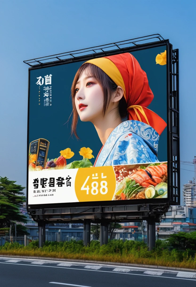 (Highest quality,4K,8k,High resolution,masterpiece:1.2),Super detailed,{Japan suburbs}、(Large roadside billboard),light up、 ((Highest quality, 8k, masterpiece: ))、Stylish design、Front view image、(Realistic)