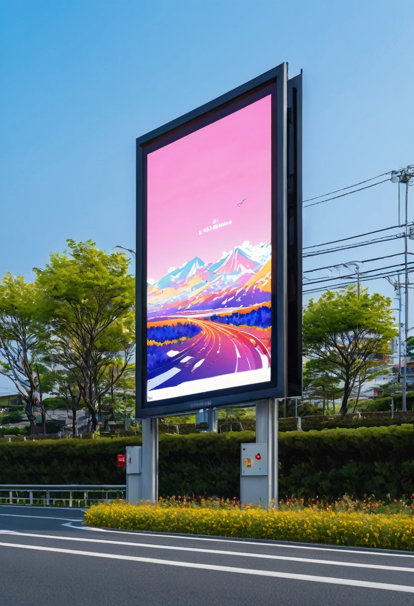 (Highest quality,4K,8k,High resolution,masterpiece:1.2),Super detailed,{Japan suburbs}、(Large roadside billboard),light up、 ((Highest quality, 8k, masterpiece: ))、Stylish design、Front view image、(Realistic)