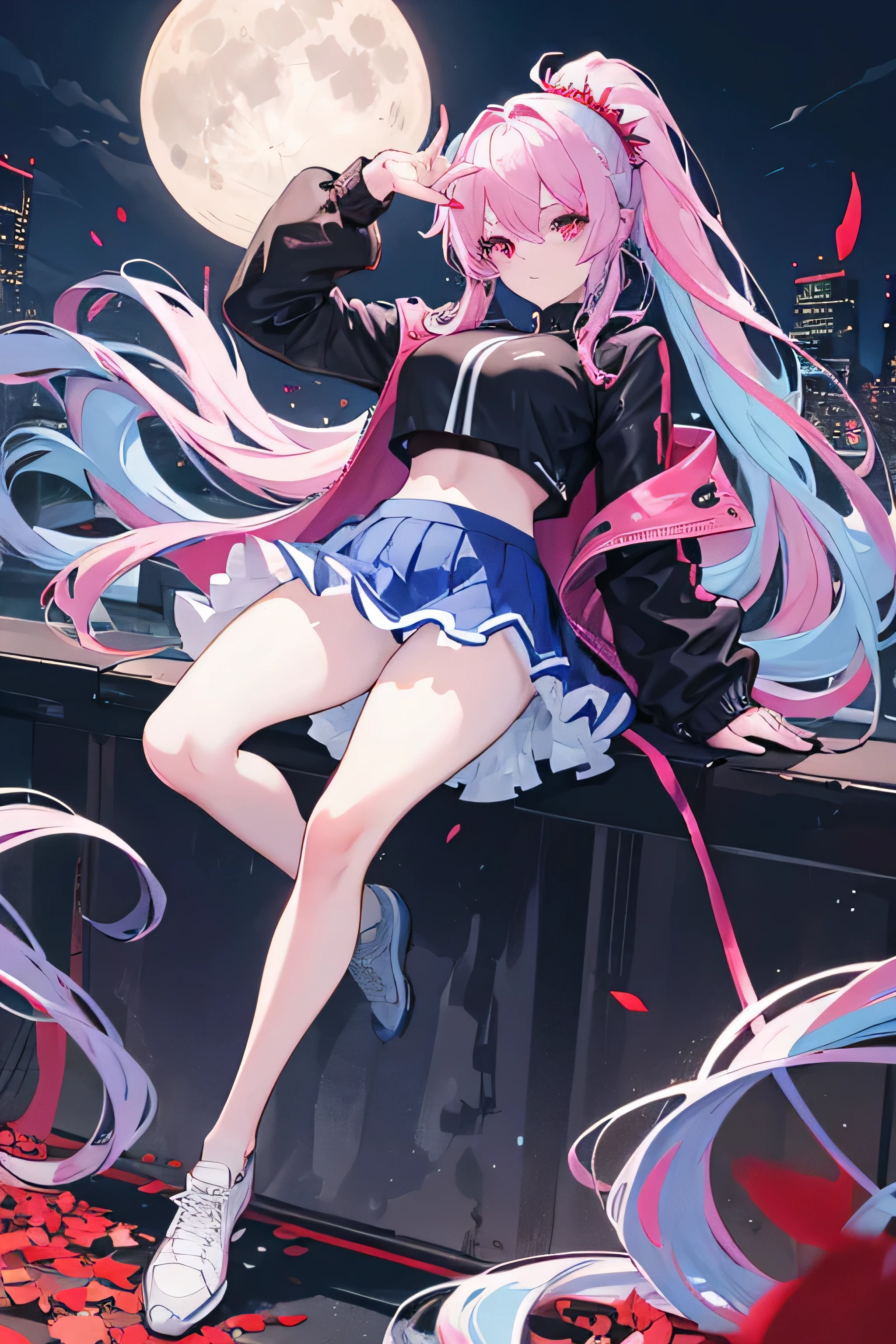 full body, masterpiece, 8k, ultra HD, sharp focus, details hair, beautiful hair, details face, beautiful detail eye, details pupil, perfect hand, vibrant colours, soft lighting.
1girl, long hair, hair accessory, twin ponytail, (light blue-pink hair), dark red eyes, large breast, crop black shirt, open transparent jacket, short skirt, no panties, clear pantyhose, black-white sneakers .
night scenery, city, full moon, Star fall.