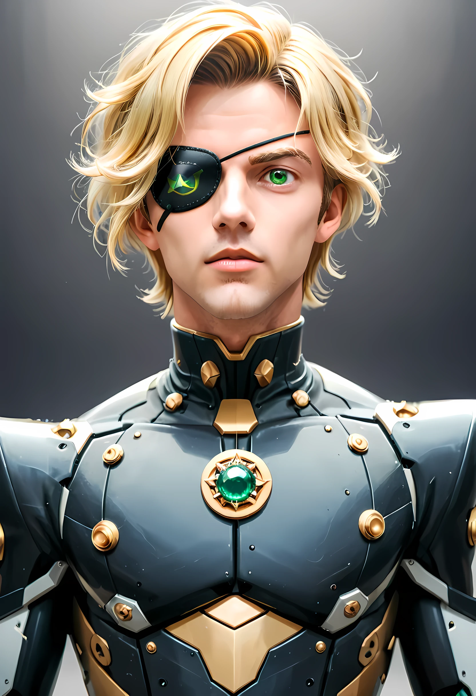 Arafed a picture of a human male spy, wearing dark suit, wearing ((mecha eye patch)) ((only one eyed covered: 1.5) , exquisite beautiful male, blond hair, short crop hair, green eyes, eye patch has intricate mechanical part in it, high society gala event background, (Masterpiece: 1.5), 16k, highres, best quality, high details, ultra detailed, masterpiece, best quality, (extremely detailed),