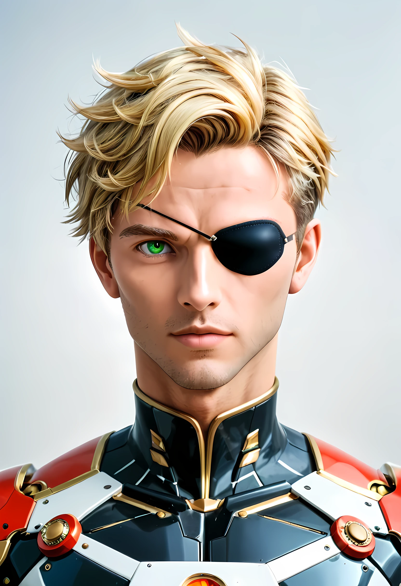 Arafed a picture of a human male spy, wearing dark suit, wearing ((mecha eye patch)) ((only one eyed covered: 1.5) , exquisite beautiful male, blond hair, short crop hair, green eyes, eye patch has intricate mechanical part in it, high society gala event background, (Masterpiece: 1.5), 16k, highres, best quality, high details, ultra detailed, masterpiece, best quality, (extremely detailed),