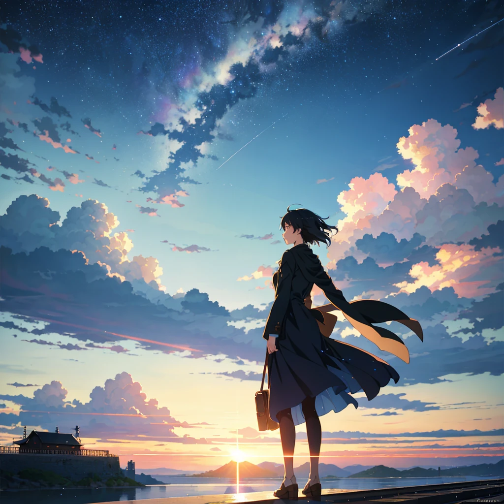 High quality masterpiece ,landscape,Animated train passing through water on the tracks, Starry Sky。Romantic Train,Pixiv,Concept Art,Lofi Artスタイル,Reflective plate。 by Makoto Shinkai, Lofi Art, Beautiful anime scene, アニメのlandscape, 詳細なlandscape —幅672, in Makoto Shinkai's Style, Makoto Shinkai's Style,Detail enhancements。