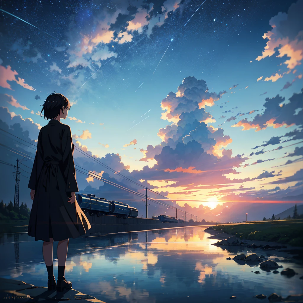 High quality masterpiece ，landscape，Animated train passing through water on the tracks， Starry Sky。Romantic Train，Pixiv，Concept Art，Lofi Artスタイル，Reflective plate。 by Makoto Shinkai, Lofi Art, Beautiful anime scene, アニメのlandscape, 詳細なlandscape —幅672, in Makoto Shinkai&#39;s Style, Makoto Shinkai&#39;s Style，Detail enhancements。