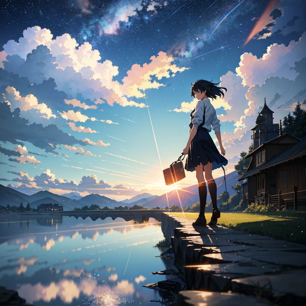 High quality masterpiece ，landscape，Animated train passing through water on the tracks， Starry Sky。Romantic Train，Pixiv，Concept Art，Lofi Artスタイル，Reflective plate。 by Makoto Shinkai, Lofi Art, Beautiful anime scene, アニメのlandscape, 詳細なlandscape —幅672, in Makoto Shinkai&#39;s Style, Makoto Shinkai&#39;s Style，Detail enhancements。