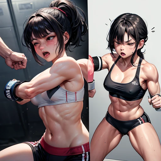 Covered in blood. Slender body. Small breasts. Intense violence. Her opponent's fists are digging into her body. They glare at each other. Her face distorted by the opponent's punch. Dynamic action. She is in pain. her bod is slammed to the floor and beaten violently. She is wearing a sports bra and high-leg panties. Her opponent tries to kill her with a powerful punch. The two are exhausted. Two young and beautiful Japanese mixed martial artists are fighting inside the octagon. They are both pounding their fists into their opponents' bodies. Their mouths are open, drooling, one eye closed, and they are gasping for air. They are sweating profusely. Short-cut black hair. Open-fingered gloves. Erect nipples.