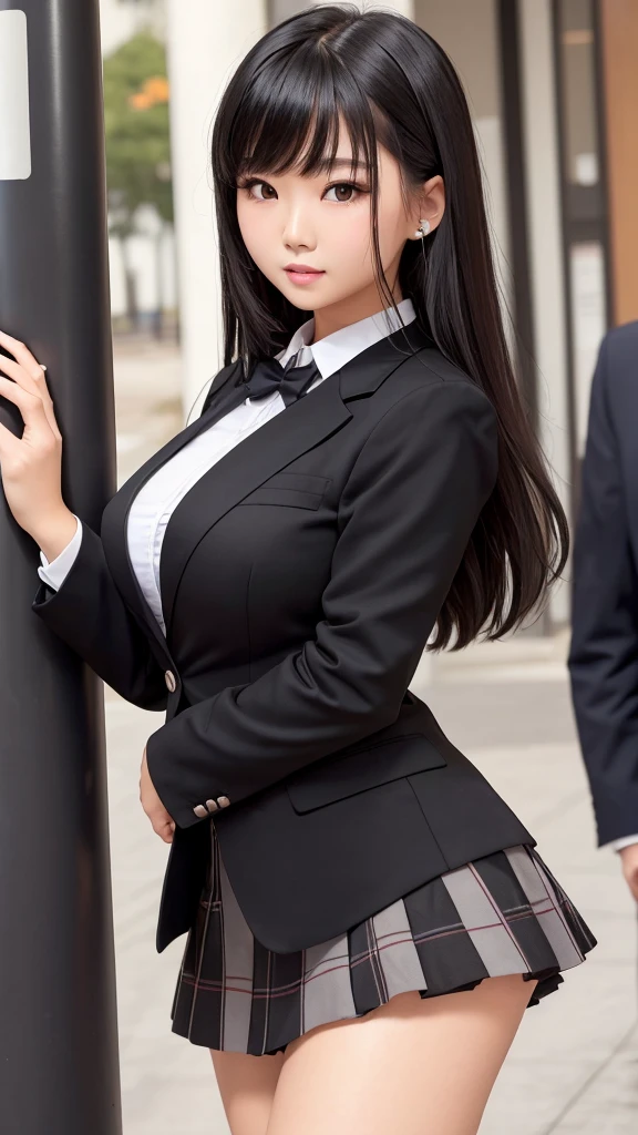 ((high quality)), ((Pole Top)), (Detailed face), (highlight), Asian Girl、Big breasts、thigh、Black Hair、Heavy bangs、high school girl、skirt、blazer、