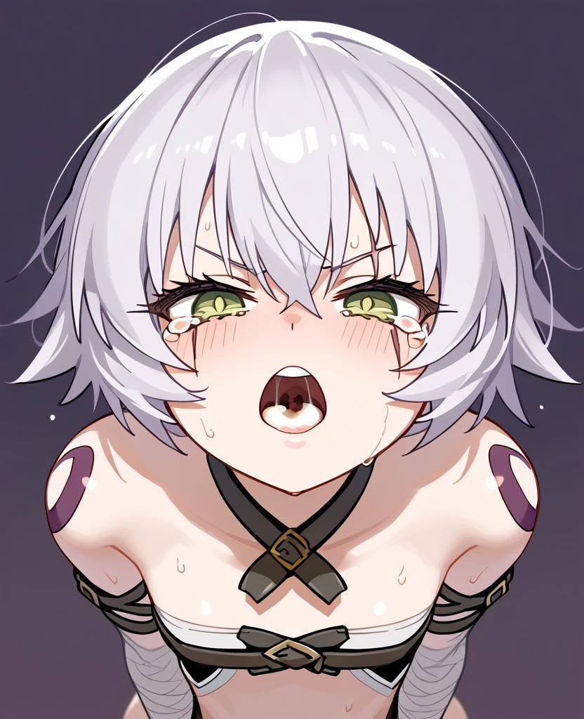 masterpiece, Highest quality, score_9, score_8_superior, score_7_superior, One girl, Are crying,Poor eyes,Glaring,alone, Jack the Ripper \(destiny/Outer Codex\), close-superior,On all fours,defeat,Mouth open,sexy,semen,全身にsemen, Portraiture, short hair, Grey Hair, Green Eyes, scar, Right eye scar, Wound on the left cheek, Shoulder Tattoo, bandage, Arms wrapped in bandage, arm belt, belt, No sleeve, Fingerless gloves, One-handed gloves, neutral, Expressionless, Are standing, Both arms superior, superiorper body, Bottom view, View your viewers, Sweaty, Simple Background,Ass,From the back