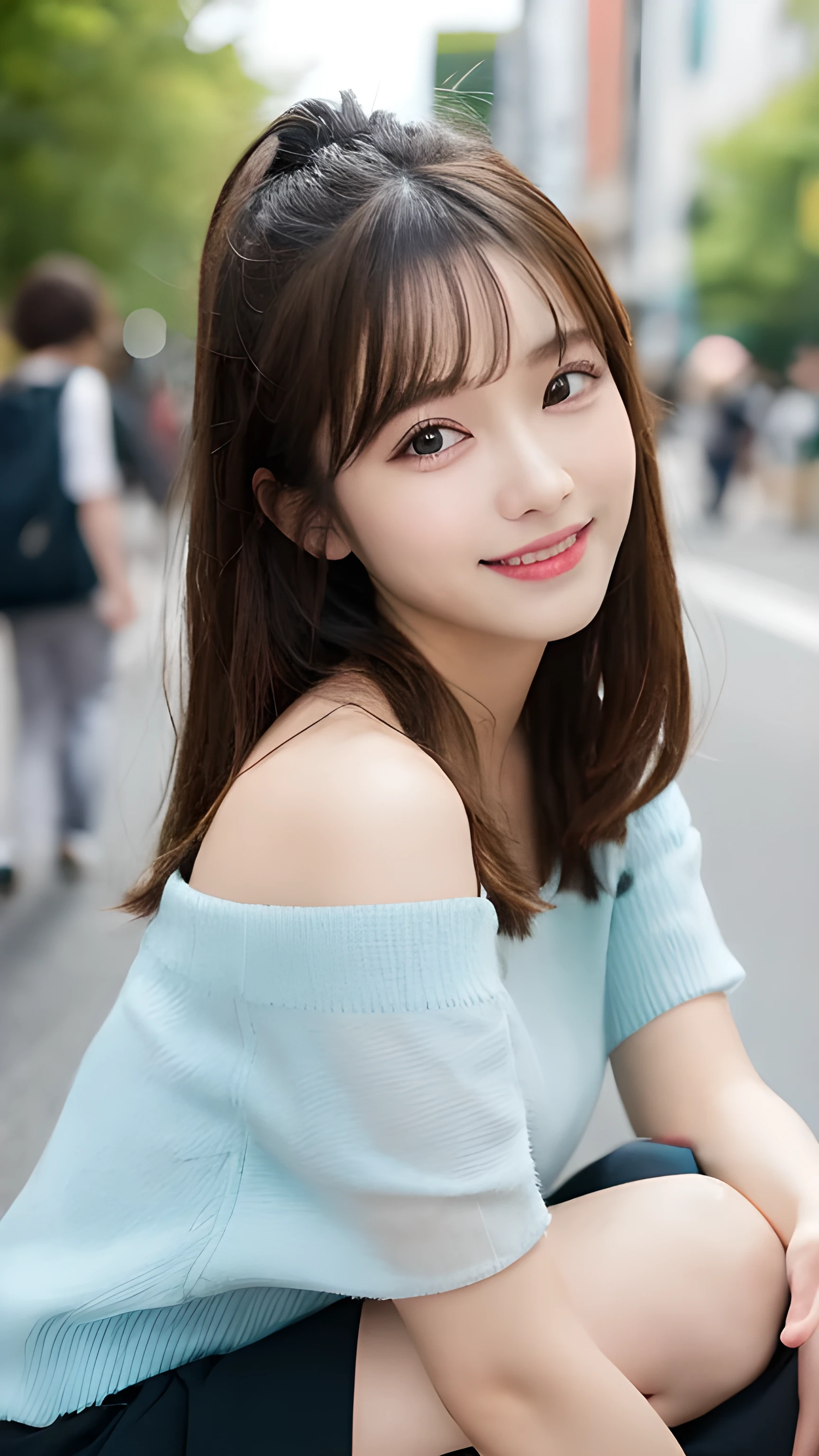 High resolution, Highest quality, Perfect dynamic composition, Beautiful attention to detail, Off the shoulder、Shiny Hair、Medium Hair, Natural color lip, university student、Harajuku、smile、Crouching、M-shaped foot