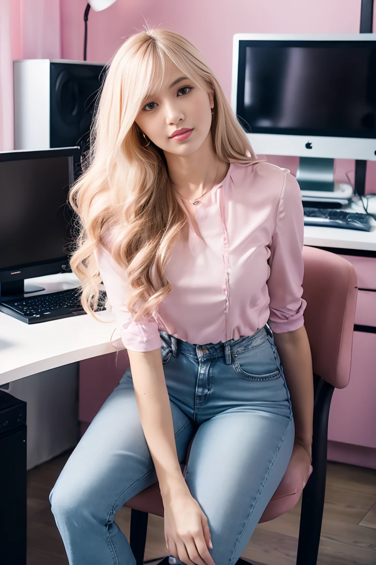 Dans une jolie chambre aux couleurs pastel, an 18 year old blond long-haired gyaru girl sits in front of a computer. She is wearing a pink ruffled blouse and short denim pants.. Elle a une expression confuse, inclinant la tête face à un message d&#39;error at&#39;screen. Des peluches et des affiches l’entourent, create a cute, Ambiance chambre girly,(Chef-d&#39;premium photorealistic artwork: 1.4), (Photo RAW ultra haute résolution: 1.3), (Yeux clairs symétriques haute résolution: 1.3), Fille japonaise 1 Nom, chienne, poussin, 18 ans, (dark purple eyeshadow cheeks: 1.3) ), (blond eyebrows: 1.2), blond,  chienne, Red lips, (big neckline: 1.2),( Angle de courbure: 1.1),CASSER, (beautiful detailed background: 1.2), gros seins 