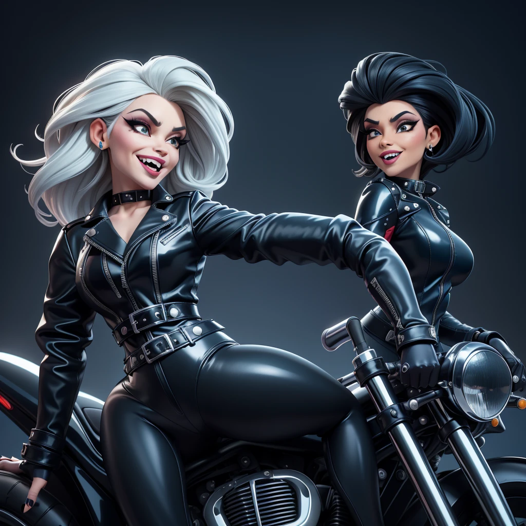 obra prima, melhor qualidade, (cruella deville, ilhan omar, vamp 70yo face wrinkles,) head back, sassy wicked girl, big toothy smile, open mouth, maniacal, extreme, thick smoky black eye shadow, long fake eyelashes, raven black mullet hair, ((metallic blue pvc biker jacket and pants,)) with studs zippers snaps, shiny leather gloves, body is skinny, riding motorcycles, shiny tight buttocks, dazzle, pinup, exaggerated selfie, lap dance, camera view of whole body, looking up at me, shallow depth of field, highres, HD, 8k, anatomically correct