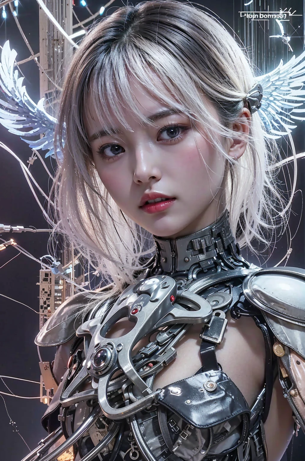 Japanese woman equipped with a simple prototype reinforced exoskeleton under development at a secret base, super realism, realistic photography, taken with Fuji film X-T30+Nokton. HDR10