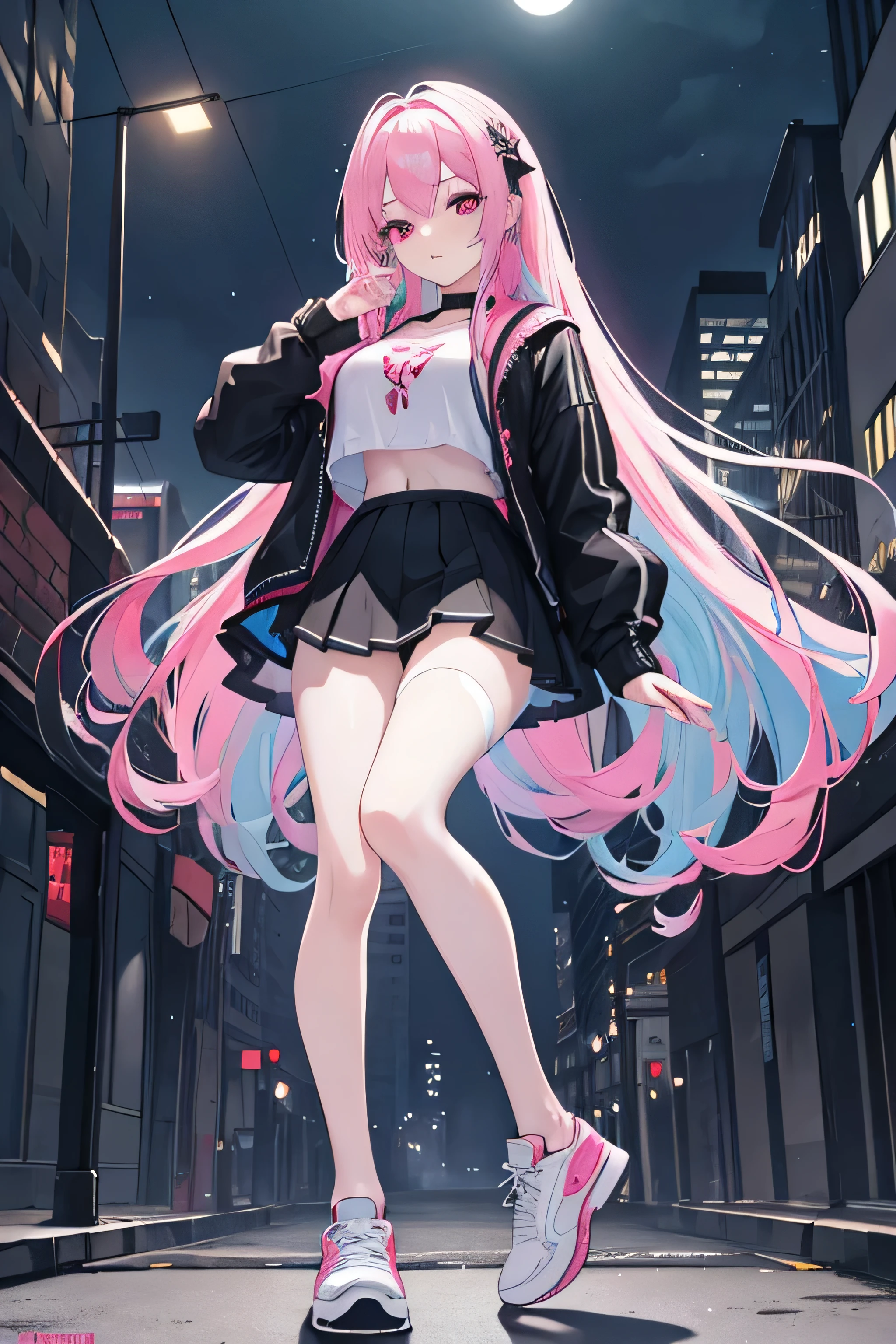 full body, masterpiece, 8k, ultra HD, sharp focus, details hair, beautiful hair, details face, beautiful detail eye, details pupil, perfect hand, vibrant colours, soft lighting.
1girl, long hair, hair accessory, (light blue-pink hair), dark red eyes, large breast, crop black shirt, open transparent jacket, short skirt, no panties, clear pantyhose, black-white sneakers .
night, city, many buildings, full moon, Star fall, many people, lamp post.