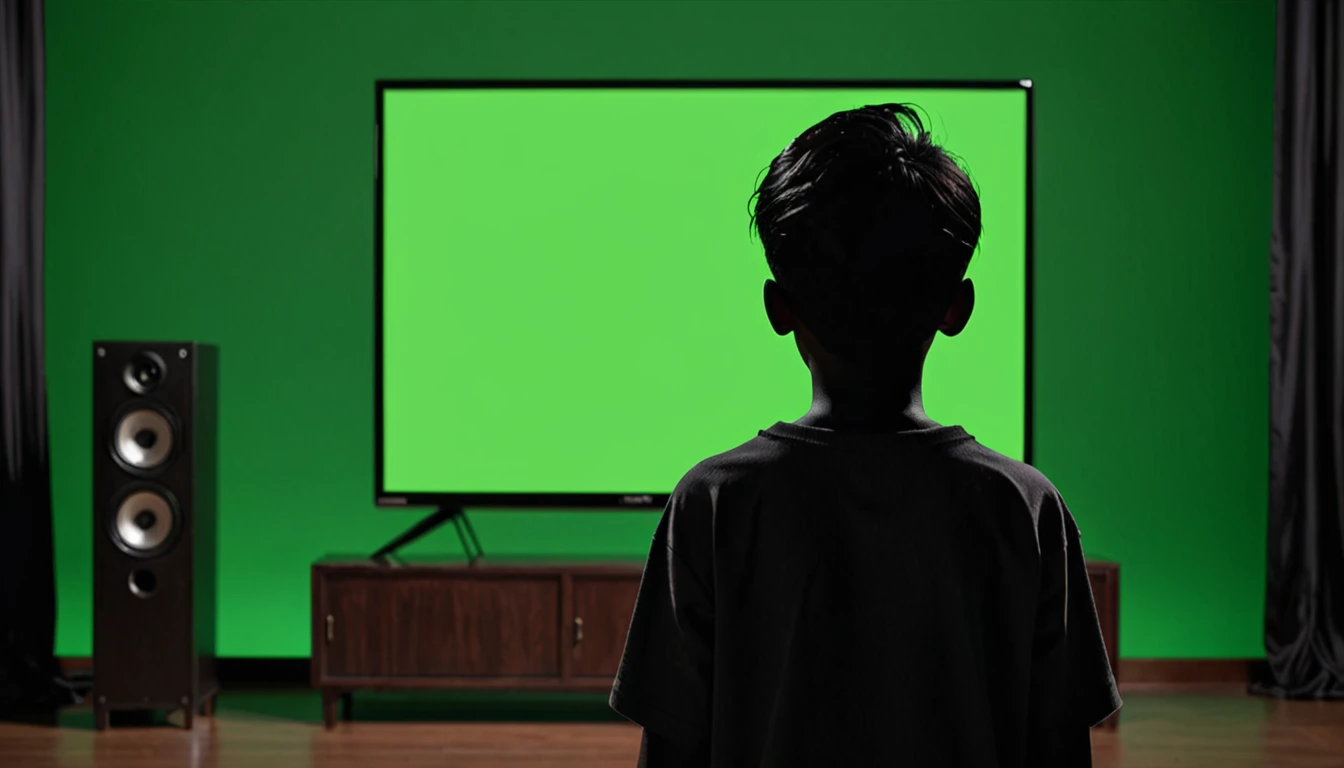 Mysterious dark boy back side watching full green screen in TV background dark