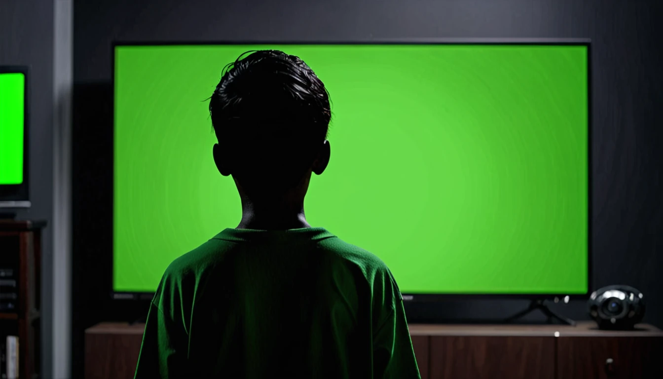 Mysterious dark boy back side watching full green screen in TV background dark