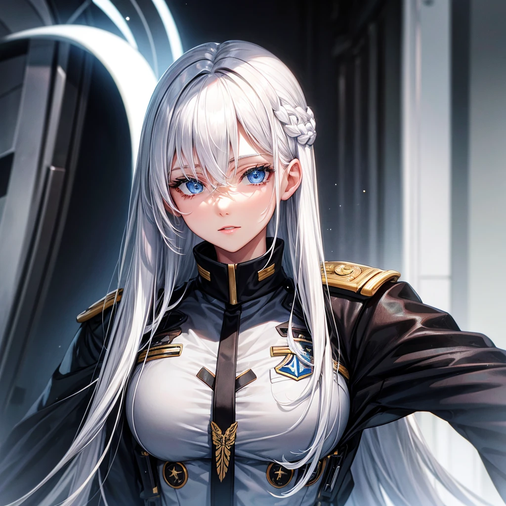 White hair, blue eyes, beautiful female, black military uniform