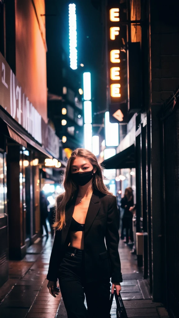 (Cinematic Aesthetic:1.4) Photo of a city night gigi hadid walking with black mask