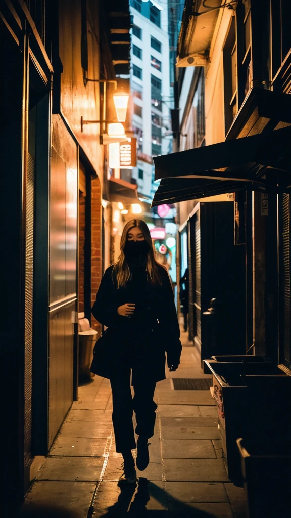 (Cinematic Aesthetic:1.4) Photo of a city night gigi hadid walking with black mask