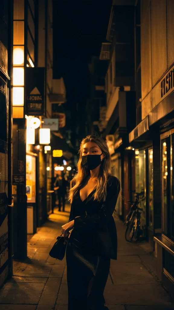 (Cinematic Aesthetic:1.4) Photo of a city night gigi hadid walking with black mask