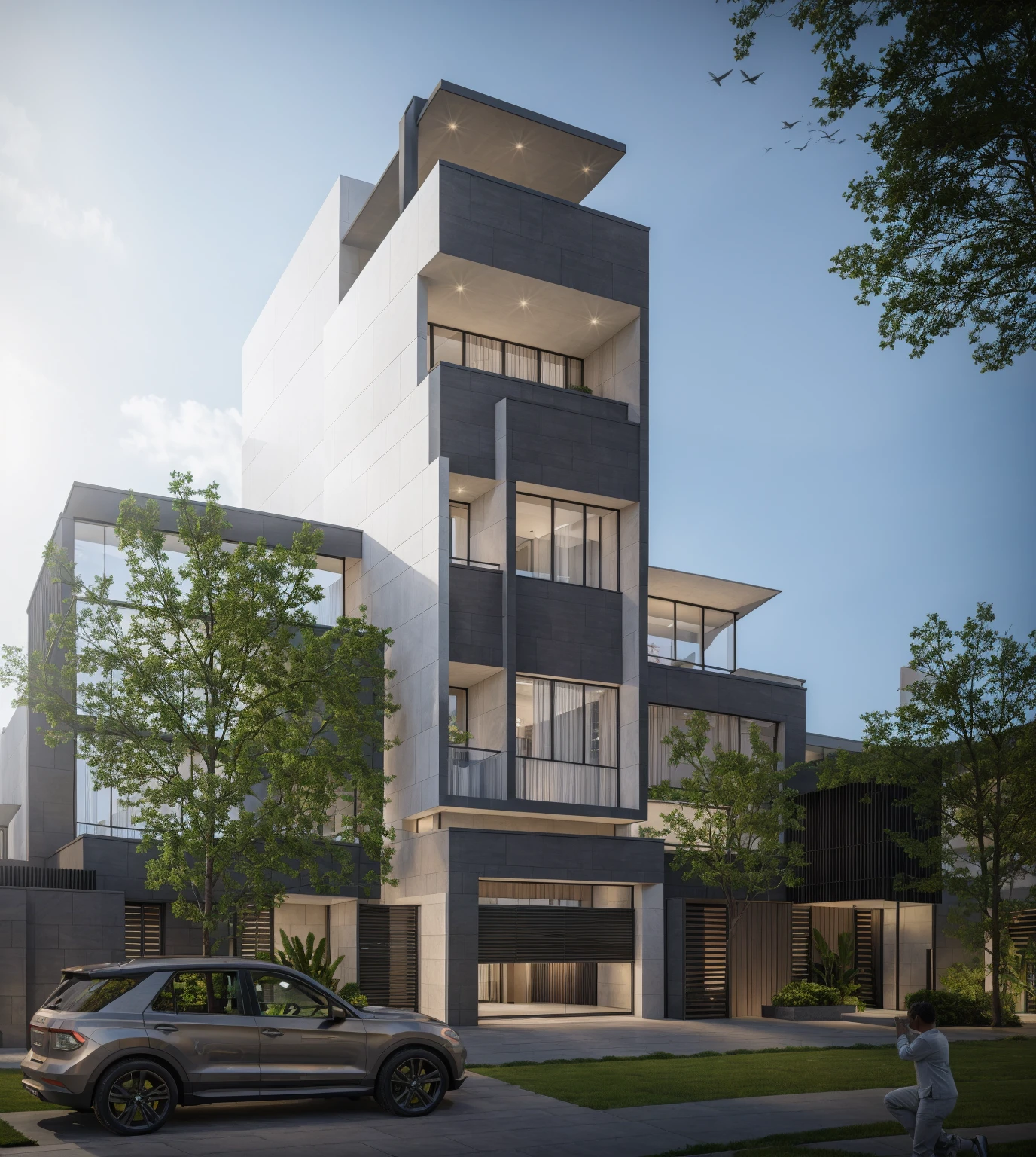 RAW photo, Exterior of two story white modern house, road, ((sidewalk)), ((sidewalk trees)), residences area, day time, tropical trees and plants, (high detailed:1.2), 8k uhd, dslr, soft lighting, high quality, film grain, Fujifilm XT3)