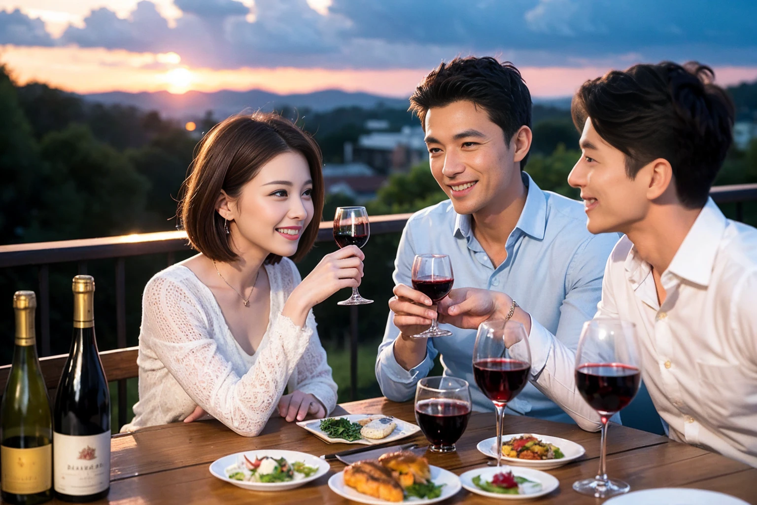 ((Highest quality、8k、masterpiece:1.3))、 (Genuineistic, Genuine、Bright image、Intricate details:1.2), Best smile 1 man 1 woman、Beautiful Couple、Lovers、Relatives and friends、actress couple、couple、Model Couple、Smile、A full-course dinner with a full table、テーブルにwine glass、 (Slim face), (The body is slim), (Brown Hair), (short hair), Please shine a light on my face、 Amazing view of the sunset sky and clouds、 (Age 43), 38 years old, red wine 、Appetizers、Wine bottle、sparkling wine、Long sleeve shirt、dress、White wine, red wine, wine glass,