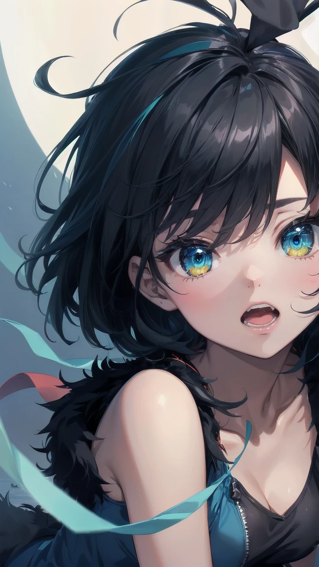 Close-up of a cartoon girl with blue hair and a yellow shirt, 2D Animation, 2D Animation style, 2D Art, 2D Art, 2D from Gorillaz, 2D from Gorillaz, 2D Gorillaz, Screaming Cerket, 2D Sprites, Jinx Face, short hair, Small breasts, hot pants, ((Black Hair, Bright blue fur inside:1.4))