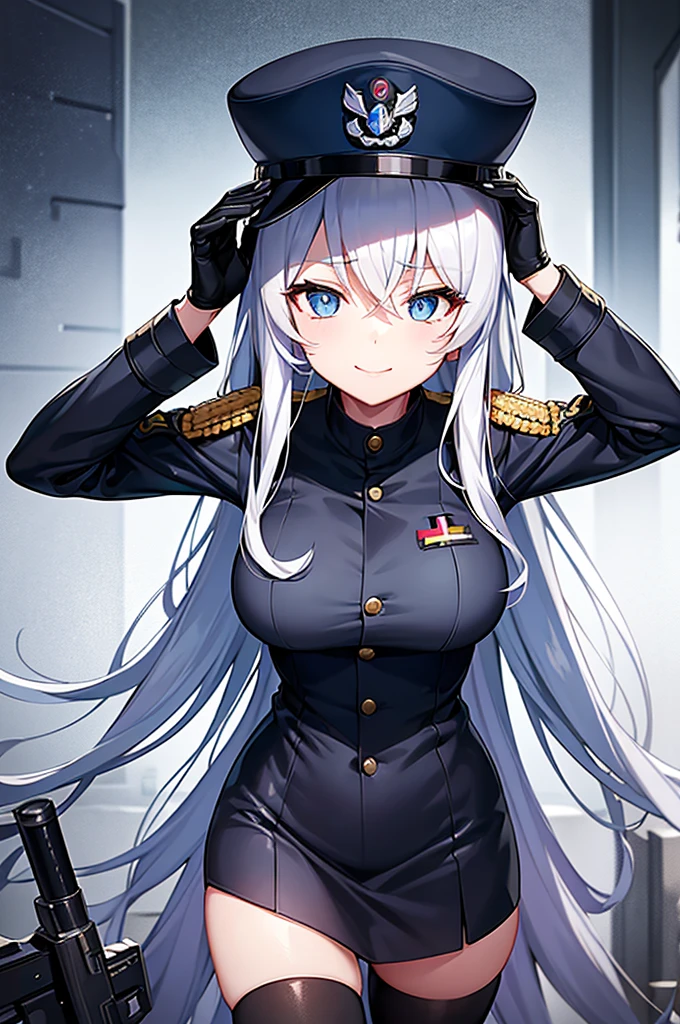 Content: An anime woman in a military uniform with a sword visible in a scabbard. She wears a hat inspired by WW2 German military generals and her design is loosely based on Erika Itsumi from Girls und Panzer. She has light blue eyes, white hair that ends halfway down her back, and knee-high military boots. Her hat has a symbol of a dragon, and she wears a confident smile. Fairly busty, and her uniform is dark blue. Medium: Digital art, anime illustration. Style: Pixiv contest winner, fine art, with elements inspired by historical military aesthetics and anime character design. Lighting: Dramatic, with strong contrasts to highlight her authoritative presence and the details of her uniform. Subtle shadows to add depth and realism. Colours: A palette dominated by military greens, blacks, and silvers, with the light blue of her eyes and white of her hair standing out against the darker tones of her uniform. Composition: A full body shot with a 50mm lens. The background is of a snowy background, as if a blizzard was happening behind her. She salutes to the camera