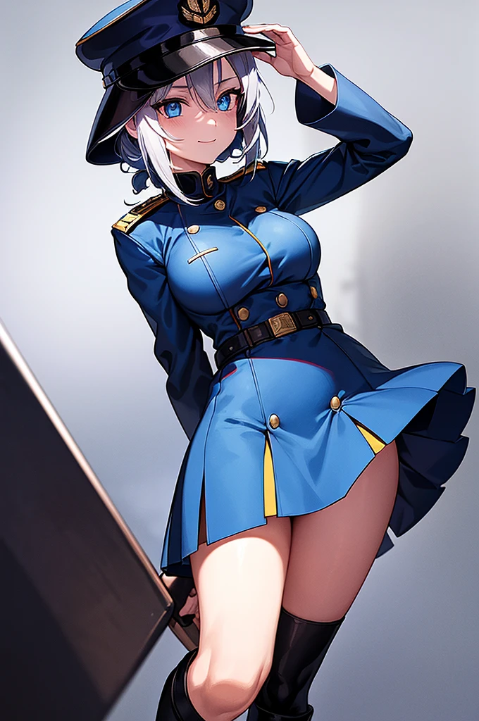 Content: An anime woman in a military uniform with a sword visible in a scabbard. She wears a hat inspired by WW2 German military generals and her design is loosely based on Erika Itsumi from Girls und Panzer. She has light blue eyes, white hair that ends halfway down her back, and knee-high military boots. Her hat has a symbol of a dragon, and she wears a confident smile. Fairly busty, and her uniform is dark blue. Medium: Digital art, anime illustration. Style: Pixiv contest winner, fine art, with elements inspired by historical military aesthetics and anime character design. Lighting: Dramatic, with strong contrasts to highlight her authoritative presence and the details of her uniform. Subtle shadows to add depth and realism. Colours: A palette dominated by military greens, blacks, and silvers, with the light blue of her eyes and white of her hair standing out against the darker tones of her uniform. Composition: A full body shot with a 50mm lens. The background is of a snowy background, as if a blizzard was happening behind her. She salutes to the camera