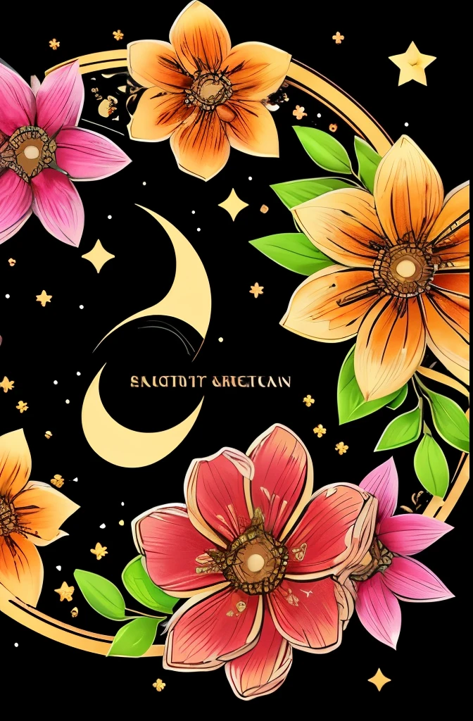 a bouquet of flowers with a crescent and stars on a black background, glowing flowers, 🌺 cgsociety, flowers and gold, floral sunset, night sky full of flowers, magical flowers, floral growth, celestial red flowers vibe, floral!, jen bartel, floral environment, nature and floral aesthetics, floral! intricate, gilded. floral, luminous flowers, #pixelart, # pixelart