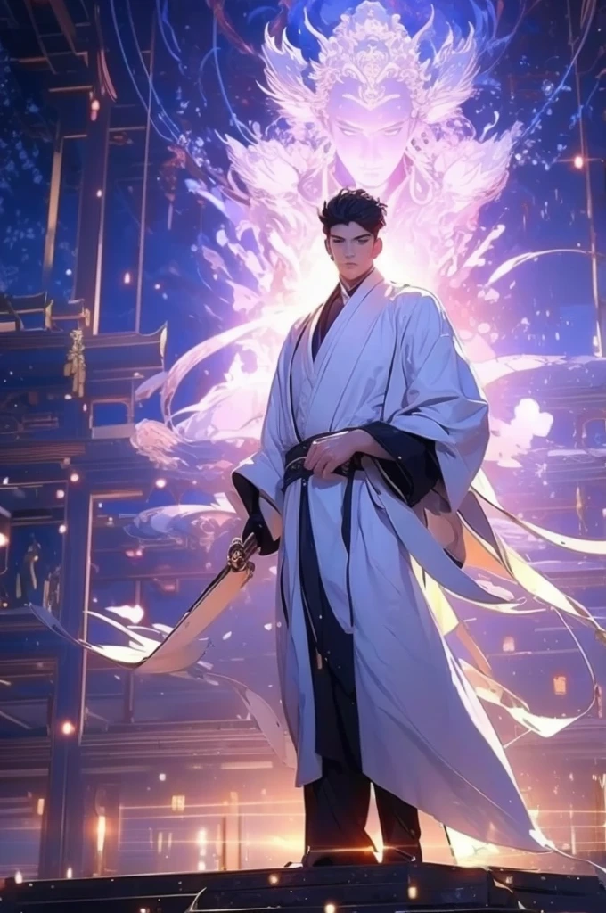 a man in a white robe, young and handsome man, ponytail, long hair, ancient Chinese clothing, qi, a huge saber, ancient Chinese buildings in the background, night, powerful character, purple rays, a beautiful landscape. Detailed face, thick eyebrows, black eyes, 8k, robe embroidered with gold edges, detailed clothing, xianxia, ​​world of cultivation. ((full body))