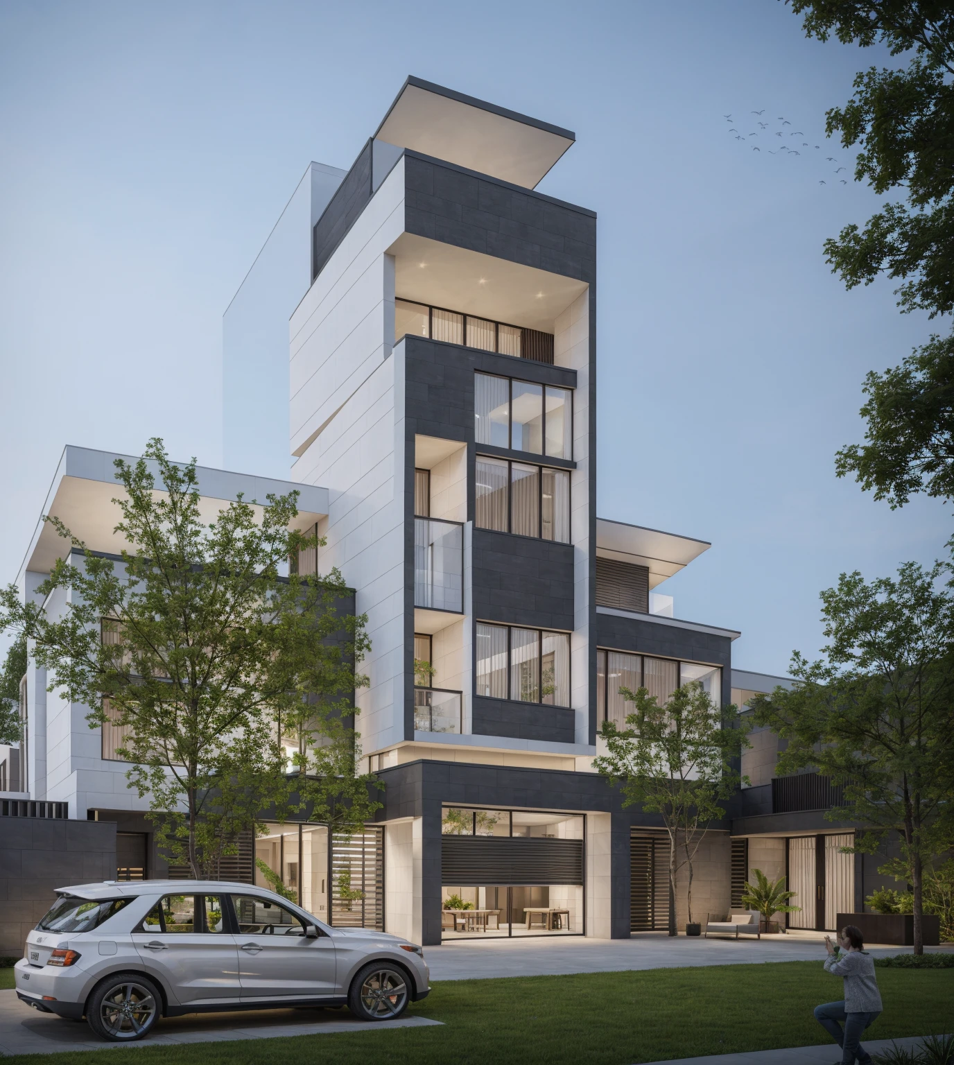 RAW photo, Exterior of two story white modern house, road, ((sidewalk)), ((sidewalk trees)), residences area, day time, tropical trees and plants, (high detailed:1.2), 8k uhd, dslr, soft lighting, high quality, film grain, Fujifilm XT3)