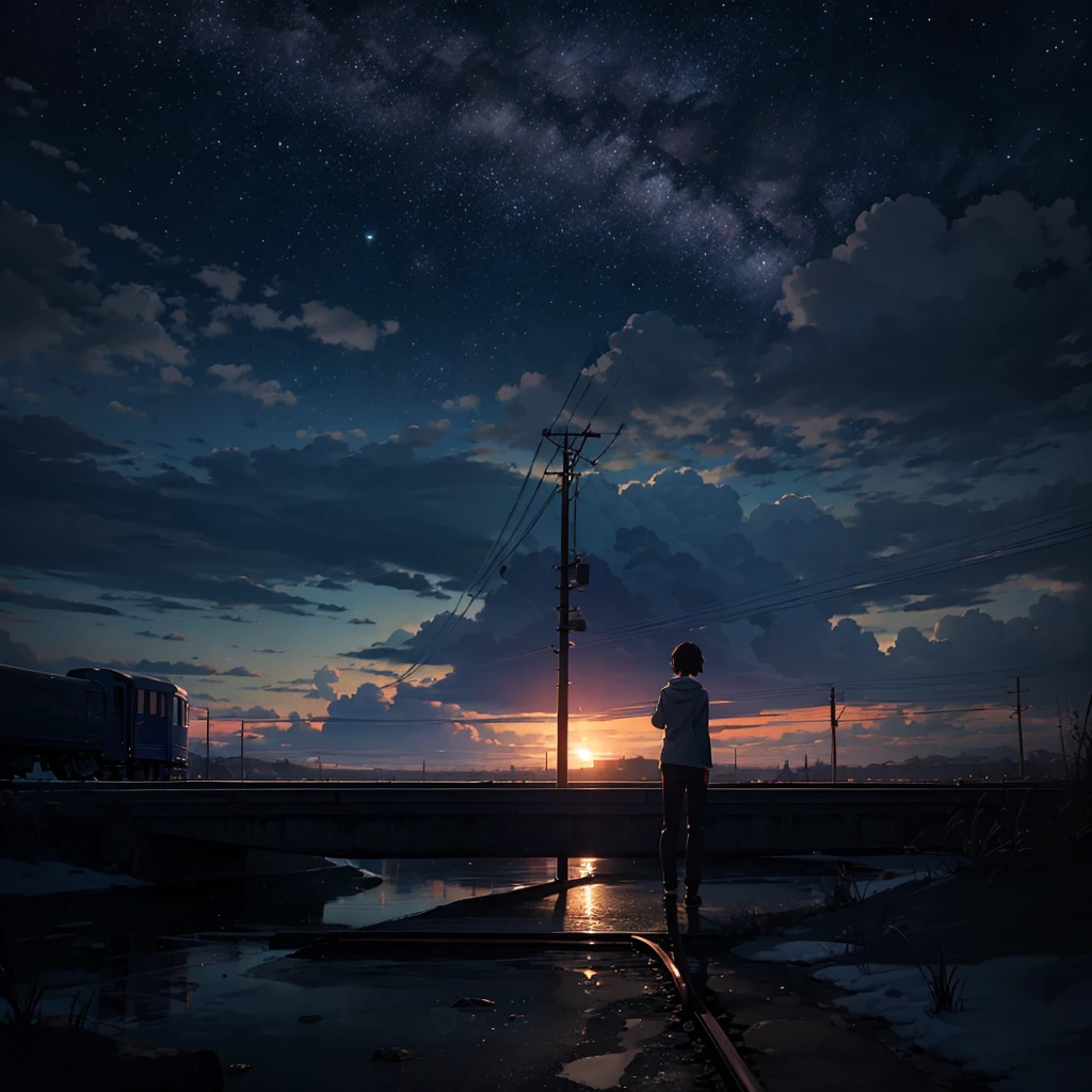 High quality masterpiece ，landscape，Animated train passing through water on the tracks， Shining starry sky。Romantic Train，irritating，Concept Art，Lofi Art style，Reflective plate。 by Makoto Shinkai, Lofi Art, Beautiful anime scene, アニメのlandscape, 詳細なlandscape —幅672, In the style of Makoto Shinkai, Makoto Shinkai&#39;s Style，Detail enhancements。