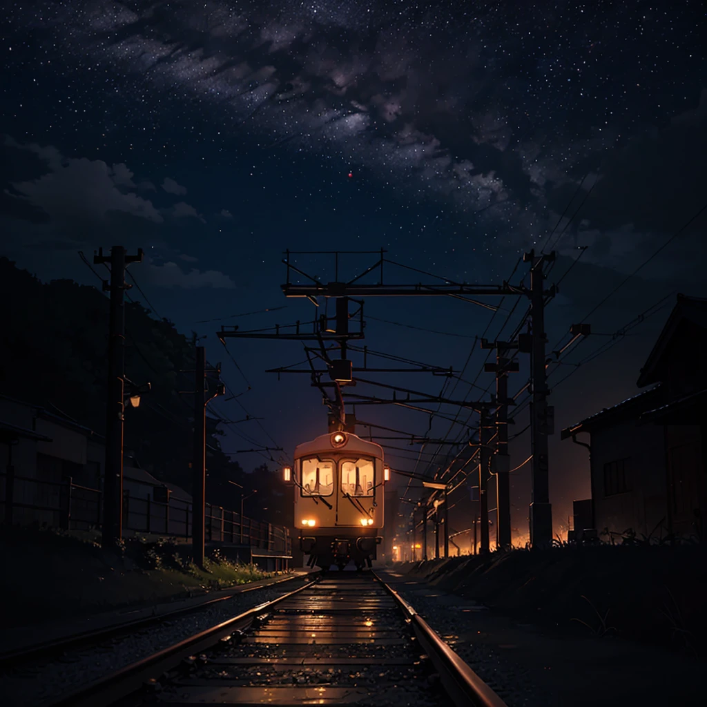 High quality masterpiece ,landscape,Animated train passing through water on the tracks, Shining starry sky。Romantic Train,irritating,Concept Art,Lofi Art style,Reflective plate。 by Makoto Shinkai, Lofi Art, Beautiful anime scene, アニメのlandscape, 詳細なlandscape —幅672, In the style of Makoto Shinkai, Makoto Shinkai's Style,Detail enhancements。