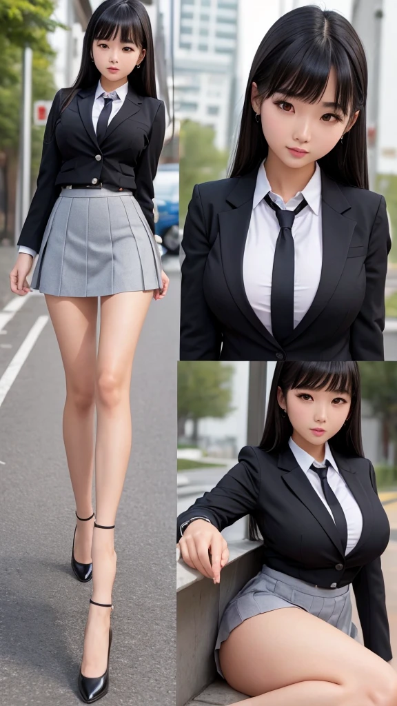 ((high quality)), ((Pole Top)), (Detailed face), (highlight), Asian Girl、Big breasts、thigh、Black Hair、Heavy bangs、high school girl、skirt、blazer、