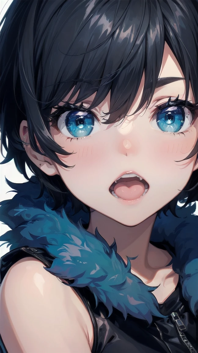 Close-up of a cartoon girl with blue hair and a yellow shirt, 2D Animation, 2D Animation style, 2D Art, 2D Art, 2D from Gorillaz, 2D from Gorillaz, 2D Gorillaz, Screaming Cerket, 2D Sprites, Jinx Face, short hair, Small breasts, hot pants, ((Black Hair, Bright blue fur inside:1.4))