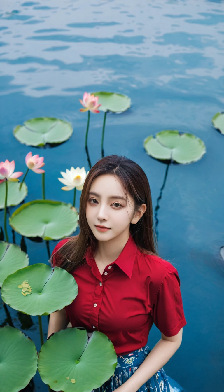 Samia, girl, solo, shirt, looking at you, face, perfect, flowers, high quality, radiant, knight, godly, red shirt, red velvet, water, ocean, lotus