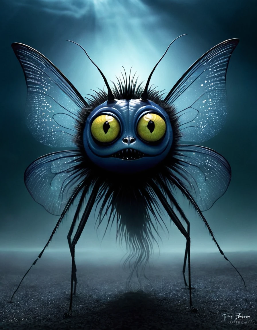 A nightmare dream, with fantastic animals, gatos, peces, insectos, escarabajos y luciernagas, con el estilo de Tim Burton y el surrealismo.