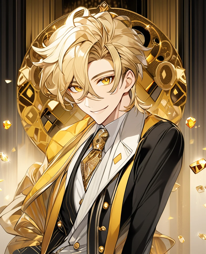 (Blonde_hair), (Golden_crystal_eyes), (detailed_eyes), (warm_smile), (attractive), (background_lounge), (male), (detailed_Hair), (detailed), wears a 19s type of fashion clothes, and he is a gambler who exudes confidence and wit